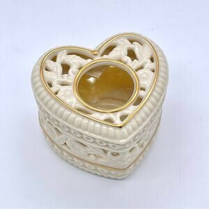 Vintage PartyLite 2002 Heart-Shaped Ivory w/ Gold Trim Tealight Candle Holder